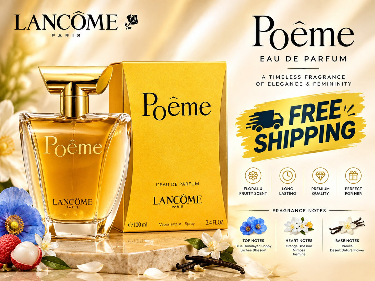 Lancôme Poème Eau de Parfum bottle and box shown in a polished promotional layout with floral accents, fragrance note icons, and a 'FREE SHIPPING' banner on a warm beige background.