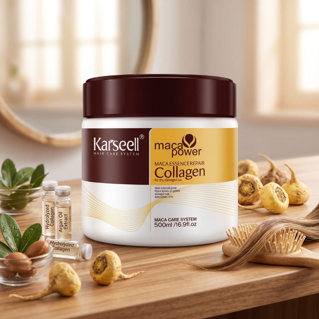 A 500ml jar of Karseeli Maca Power Collagen hair care system, styled on a wooden table with maca roots, a hairbrush, and small vials of hair care ingredients.