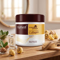 A 500ml jar of Karseeli Maca Power Collagen hair care system, styled on a wooden table with maca roots, a hairbrush, and small vials of hair care ingredients.