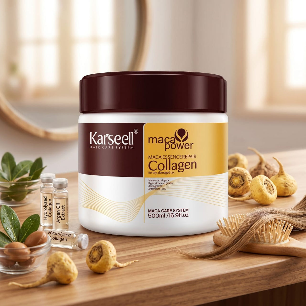 A 500ml jar of Karseeli Maca Power Collagen hair care system, styled on a wooden table with maca roots, a hairbrush, and small vials of hair care ingredients.