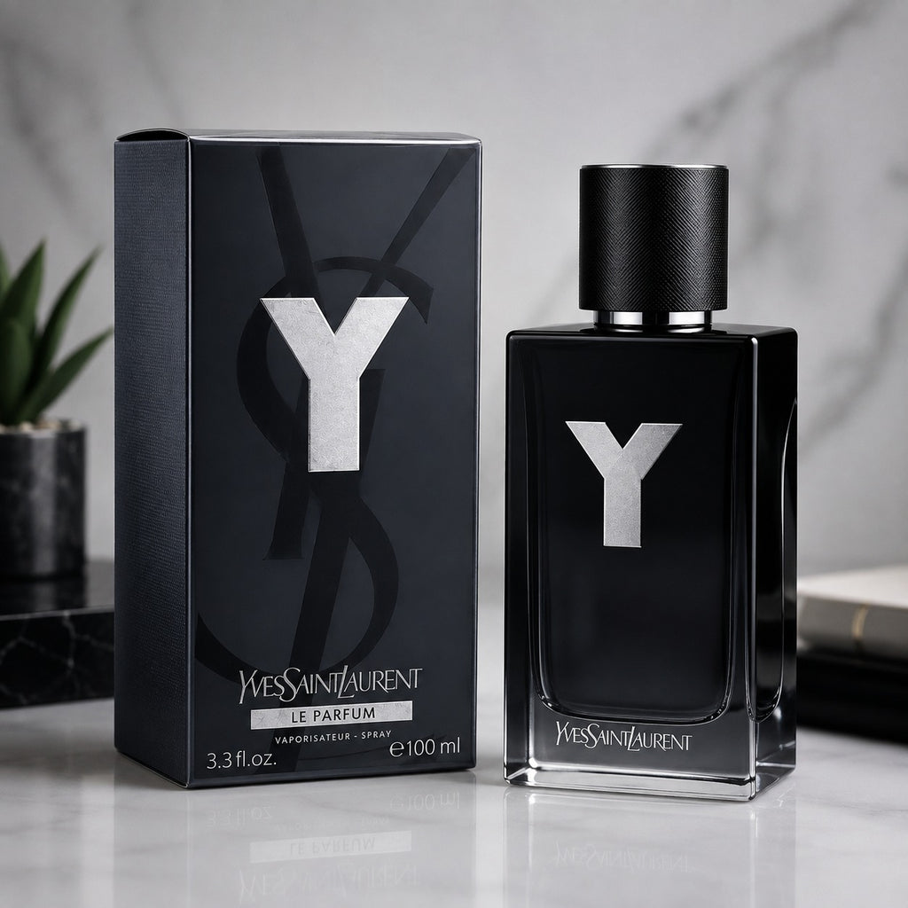Yves Saint Laurent Le Parfum 100ml spray bottle and its black packaging box, both featuring a prominent silver 'Y' logo, set against a marble background.