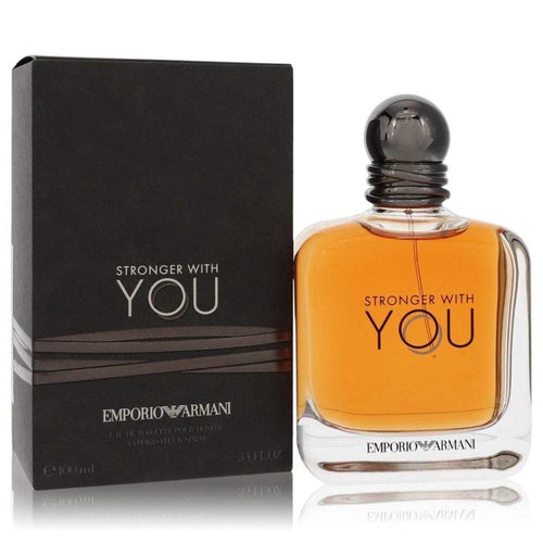 Emporio Armani perfume bottle and packaging with 'Stronger with You' text on a white background
