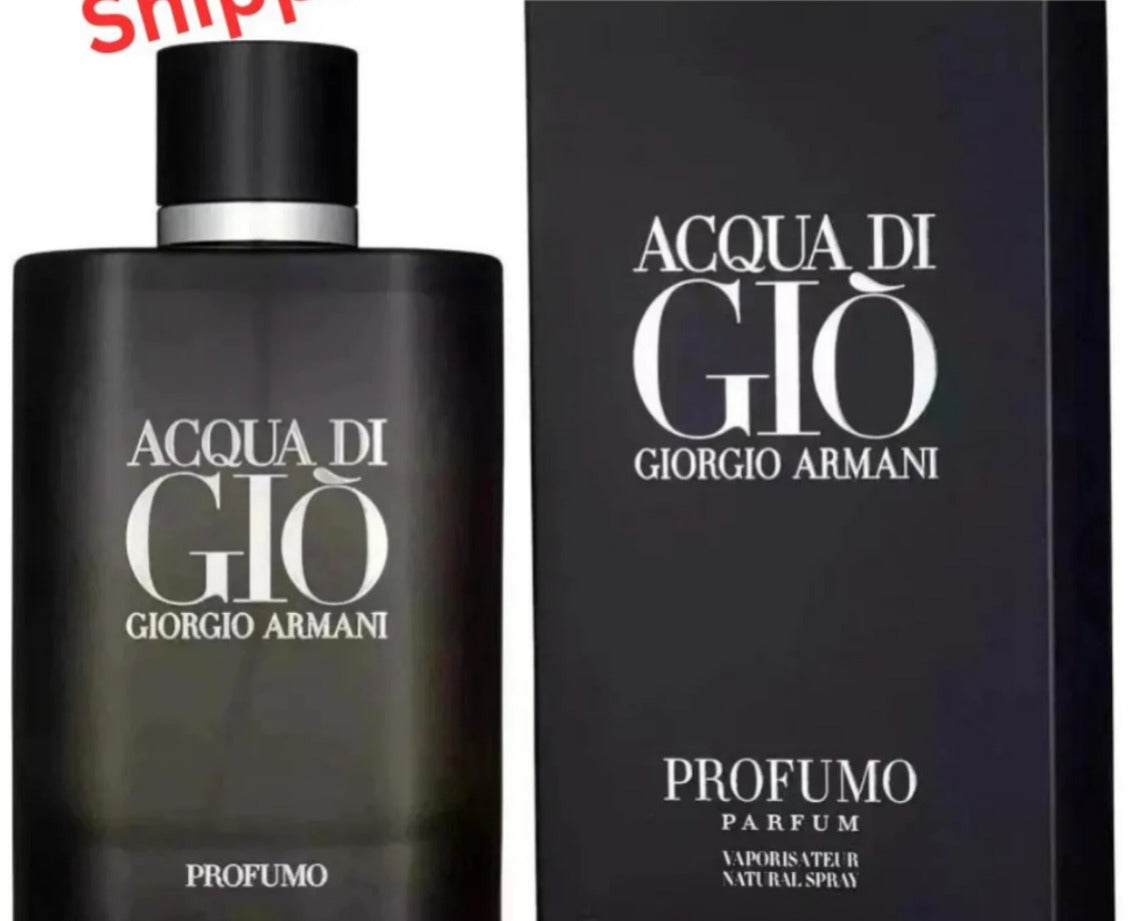 Giorgio Armani Acqua di Gio Profumo perfume bottle next to its black packaging box, featuring white text and a silver collar on a white background.