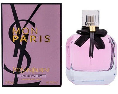 Yves Saint Laurent Mon Paris perfume bottle and packaging on a white background