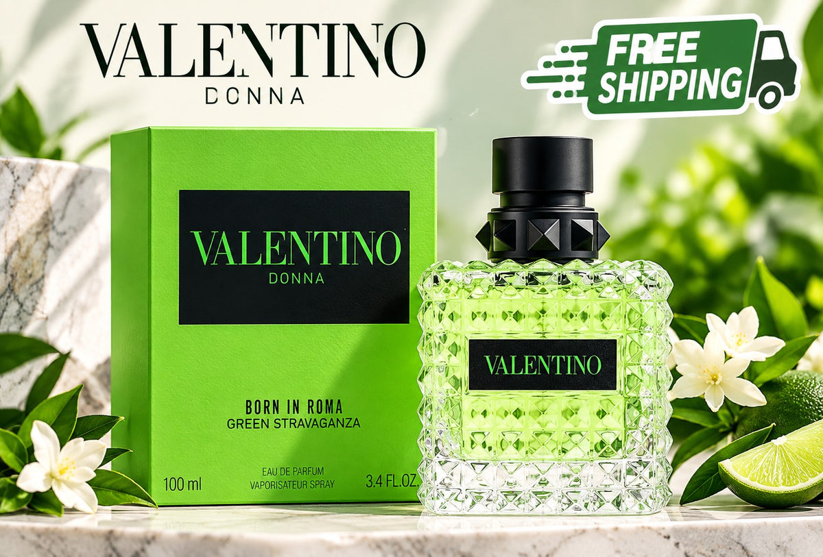 Valentino Donna Green Stravaganza perfume bottle and box displayed together on a marble surface with green leaves, white flowers, and lime slices. A 'VALENTINO DONNA' logo appears at the top left, and a 'FREE SHIPPING' graphic appears at the top right.