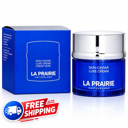 La Prairie Skin-Caviar Luxe Cream in a blue glass jar with a silver lid, shown next to its blue packaging box. A red and blue 'Free Shipping' graphic is overlaid in the bottom-left corner.
